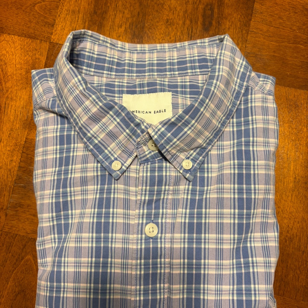American Eagle Men’s XL 100% Cotton Blue Plaid Long Sleeve Button Down Shirt